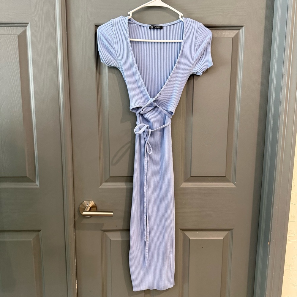 Zara Light Blue Ribbed Wrap Midi Dress